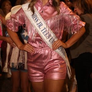 Pink faux leather metallic fringe romper
